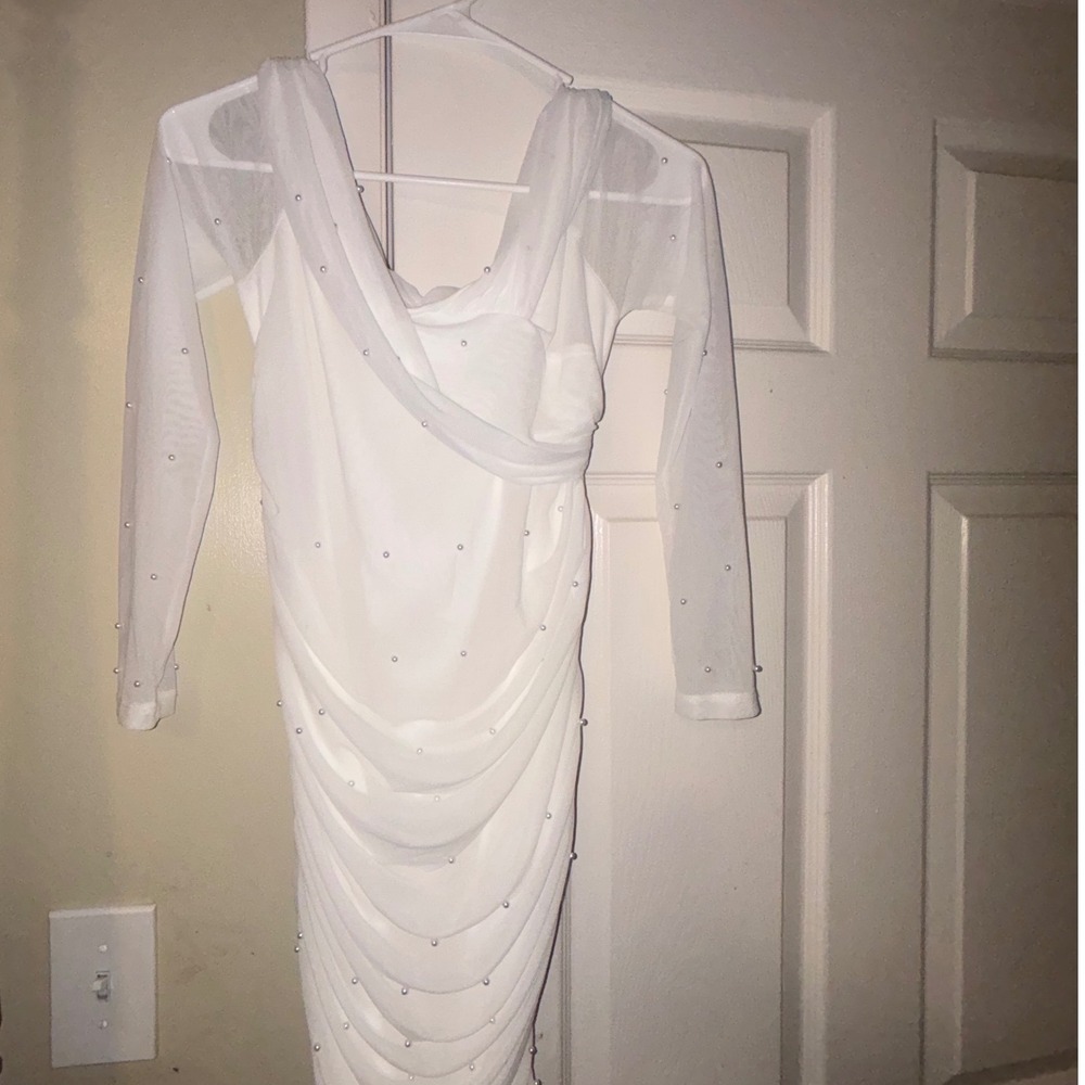 SHEIN White Ruched Pearl Embellish Mesh Long Sleeve Cowl Neck Bodycon Dress S 4